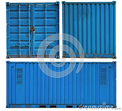 Old damaged blue port container Stock Photo