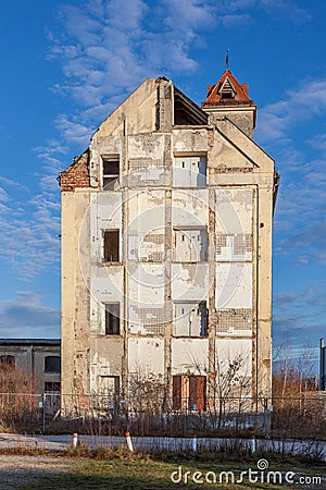 old damaged former industrial site in Allach, Munich with remains of rooms recognizable at the wall Stock Photo
