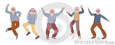 Old dancing people. An elderly man senior age person dance. Happy active elderly couple on music party together and singly. Vector Illustration