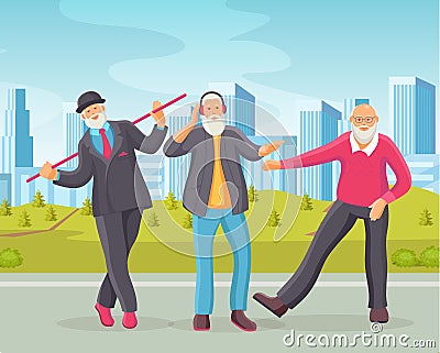 Elderly men senior age person dances in retro style. Vector Illustration