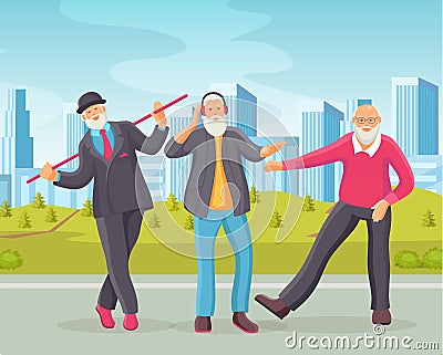 Old dancing people in town square. Elderly men senior age person dances in retro style Vector Illustration