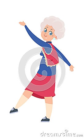 Old dancing woman. Cartoon older dancer waving hands and legs, retired woman moving to music. Recreation in club or Vector Illustration