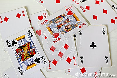 Old deck of playing cards, poker cards, gambling Stock Photo