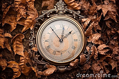 Old decorated clock among autumn leaves, generative ai Stock Photo