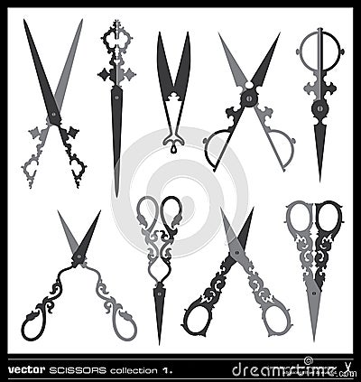 Old decorated scissors silhouettes Stock Photo