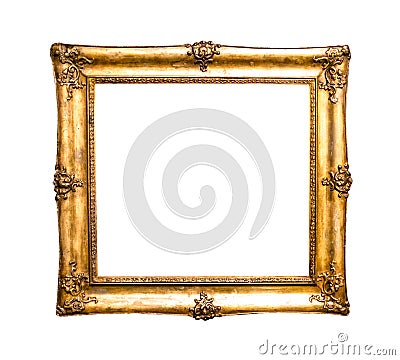 Old decorated wide golden picture frame isolated Stock Photo