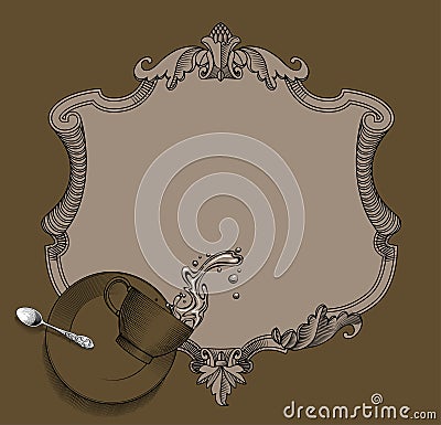 Old decorative frame and falling coffee cup with spilling water, saucer and spoon Vector Illustration