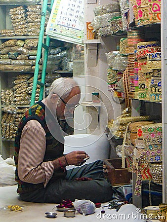 Old Delhi, India - December 9, 2019: Portrait of shopkeepers or street vendors in Chandni Chowk market of Delhi, Delhi Street Phot Editorial Stock Photo