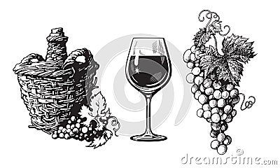 Old demijohn, glass of wine, bunch of grapes in vintage engraving style. Set of wine related hand drawn elements. Vector Vector Illustration