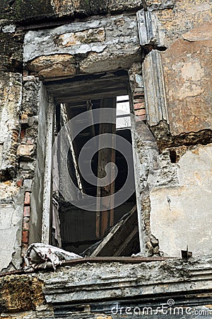 Old destroyed houses. War, destruction, restructuring. abandoned, useless houses. Restitution, bombing, consequences of social and Stock Photo