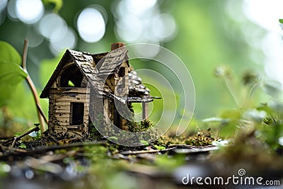 Old destroyed wooden house in the forest. Unsuitable housing for living. House to be demolished Stock Photo