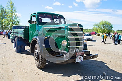 Old diesel truck Sisu - participant of the parade of vintage cars. Kerimyaki, Finland Editorial Stock Photo