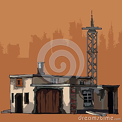 Old dilapidated two-story building with a metal tower Vector Illustration