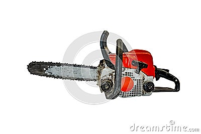 Old dirty shabby chainsaw isolated on white background - side view Stock Photo