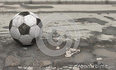 An old dirty worn ball lies on wet cracked asphalt with pits and puddles on a cloudy rainy day. 3D rendering illustration with Cartoon Illustration