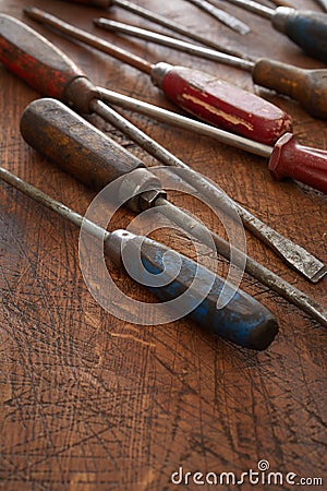 Old dirty worn vintage wooden screwdrivers Stock Photo