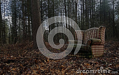 An old discarded Chair is dump illegaly in the middle of a woodland. Stock Photo