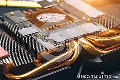 Old dried thermal paste on a computer radiator, computer repair and maintenance Stock Photo