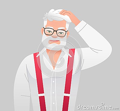 Old elderly man scratches his head in thought. Elderly gray-haired bearded grandfather in glasses is thinking about something Vector Illustration