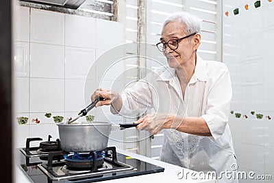 Old elderly people cooking vegetables soup,mixing and heating the ingredients,healthy food,good cook,asian senior woman standing Stock Photo