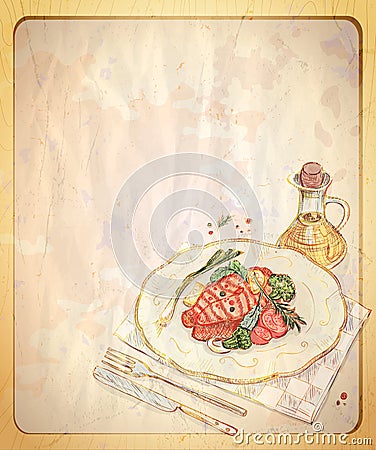 Old empty paper backdrop with graphic illustration of greek salad. Vector Illustration