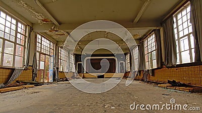 Old empty theatre hall in an abandoned school Editorial Stock Photo