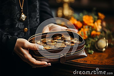 Old empty wallet in the hands Vintage empty purse in hands of women Poverty concept, Retirement Special toning Stock Photo