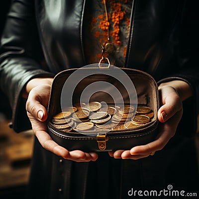 Old empty wallet in the hands Vintage empty purse in hands of women Poverty concept, Retirement Special toning Stock Photo