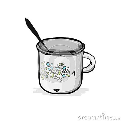 Old enameled mug, sketch for your design Vector Illustration