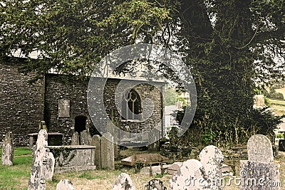 Old English churchyard and giant tree Landscape Stock Photo