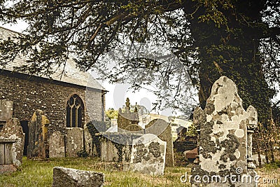 Old English churchyard and giant tree Landscape Stock Photo