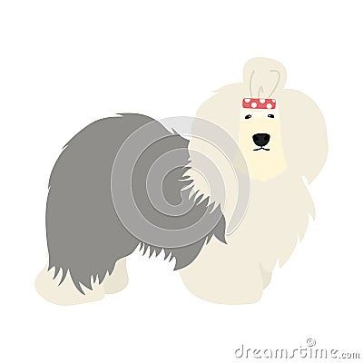 Old English Sheepdog isolated on white background. Cute cartoon long haired dog. Childish vector illustration. Great for icon. Vector Illustration
