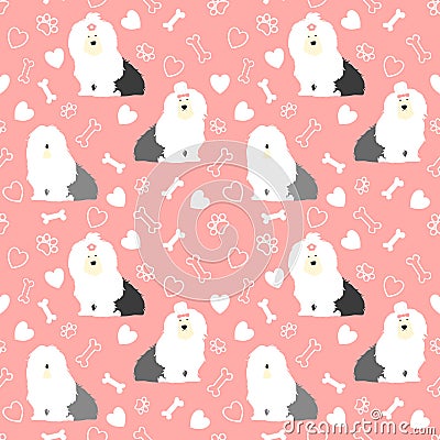 Old English Sheepdog seamless pattern background with hand drawn bones, paws and hearts. Cartoon dog background. Vector Illustration