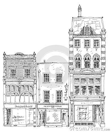 Old English town houses with small shops or business on ground floor. Bond street, London. Sketch Stock Photo