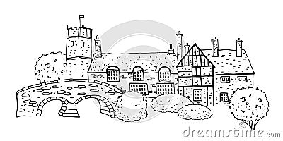 Old english village scene. Vector sketch hand drawn illustration. Cartoon outline houses facades, bridge and plants Vector Illustration