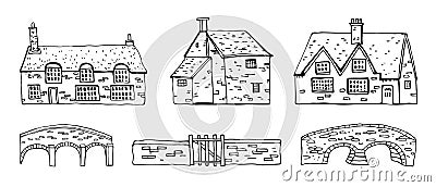 Old english village vector sketch hand drawn illustration. Set of cartoon outline houses facades and bridges Vector Illustration