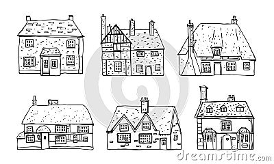 Old english village vector sketch hand drawn illustration. Set of cartoon outline houses facades Vector Illustration