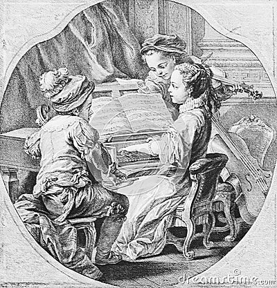 Old engraving of children studying music from a vintage book Madame de Pomadour by E. de Goncourt, 1888 Stock Photo