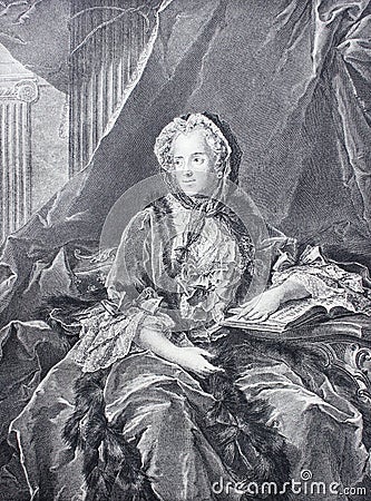 Old engraving of woman of 18th century from a vintage book Madame de Pomadour by E. de Goncourt, 1888 Editorial Stock Photo