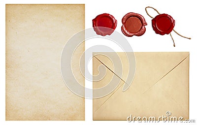 Old envelope and letter paper with wax seal stamps set isolated Stock Photo