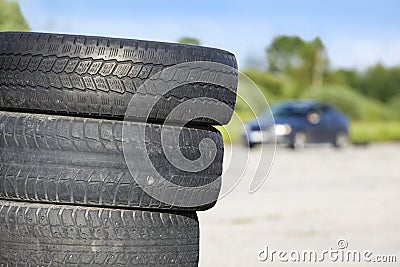 Old erased tires heaped Stock Photo