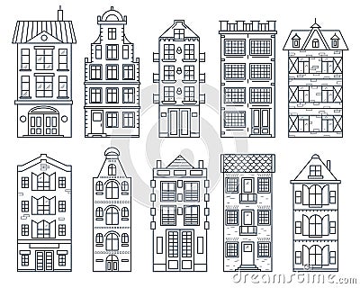 Old Europe House Building Sign Contour Linear Icon Set. Vector Cartoon Illustration