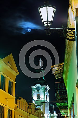 Old European church in full moon night Stock Photo