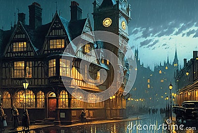 Old European city landscape, dark town with glowing lights, historical cityscape, London street of 19th century Stock Photo
