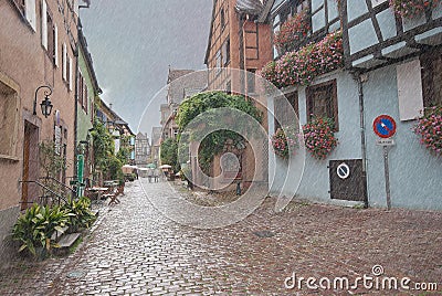 Old European cobbled street, Alsace, France Stock Photo