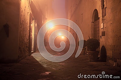 Old European narrow empty street of a medieval town at a foggy evening. Stock Photo