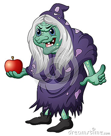 Old evil witch holding an apple Vector Illustration