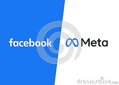 Old Facebook logotype and new logo with new name of company rebranding to Meta Inc Editorial Stock Photo