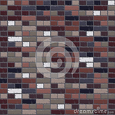 Old faded dingy brick wall. Aged brickwork. Cracked bricks. Vector Illustration