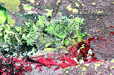 faded paint on concrete wall, concept of abandonment. Old wall with peeling bright toxic green paint Stock Photo